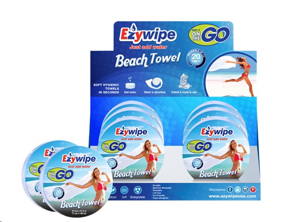 EXPOSITOR CON 6 TOALLAS PLAYA EXPANDIBLE EZYWIPE